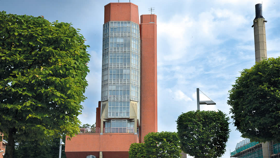 Outside view of the Engineering Building tower