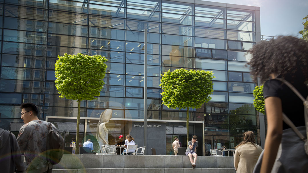 Outside view of the Charles Wilson library at night time